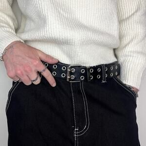 2000s round studded vegan leather black and silver grunge belt